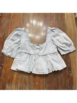 Free People Baby Blue Seersucker Puff Sleeve Babydoll Top Smocked Back S thumbnail 2
