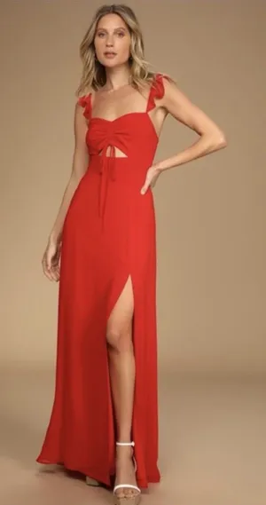 Lulus Women’s Ruffles Front String Side Slit Maxi Dress NWT XL Red Formal Prom thumbnail 1