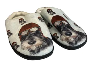 Plush Dog in leather flight cap Pattern Slip-On Clog style Slippers Sz 40-41 9.5 thumbnail 1