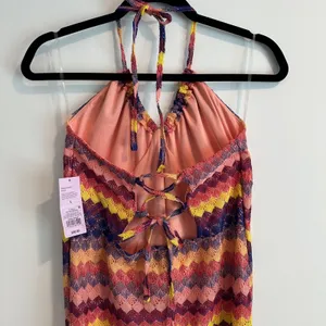 Wild Fable Crochet Halter Stripe Dress Women's Large Lace Up Back Pink Yellow thumbnail 3