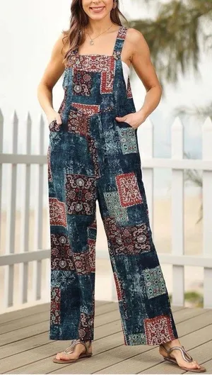 Himosyber Patchwork Jumpsuit Loose Floral Print Bohemian Wide Leg Overall 2XL thumbnail 1
