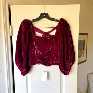 Free People Marie Velvet Open Back Crop Top‎ Balloon Sleeves Red Small NWT thumbnail 3