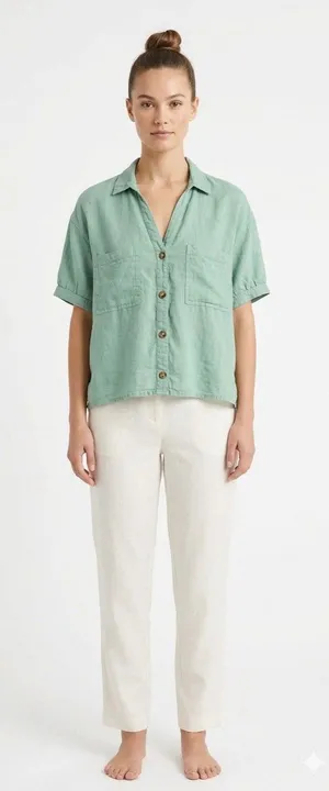Pilcro Anthropologie Green Linen Blend Short Sleeve Button Up Cropped Shirt S thumbnail 1