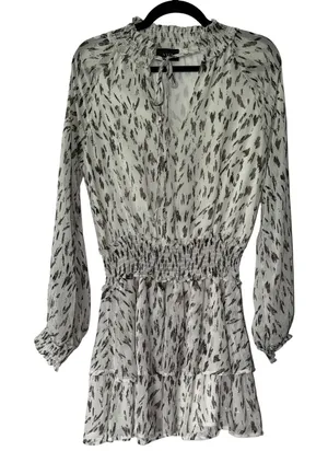 VICI White Gold Metallic Abstract Print Smocked‎ Tiered Mini Dress Small thumbnail 1