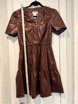 NWT Vigoss Size S Brown Faux Leather Mini Dress Puff Sleeve Smocked Waist V Neck thumbnail 7