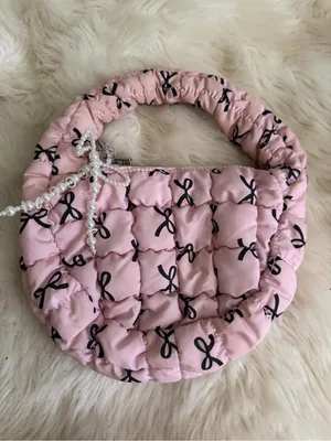 Boutique Pink Quilted Mini Tote with Pearl Bow Charm thumbnail 2