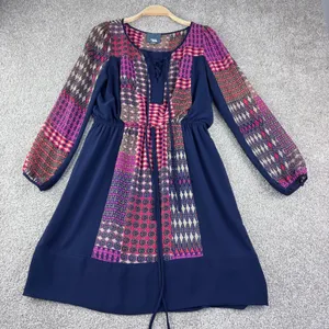 Maeve Anthropologie Size M Boho‎ Blue Lace Up Geometric Drawstring Waist Dress thumbnail 1