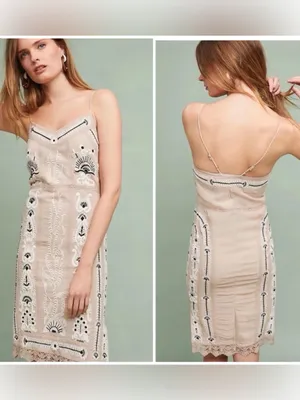 Maeve size med Beige Lace Embroidered Slip Dress with Black Accents thumbnail 2