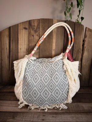 MERONA cloth tote ivory with beads handles India. Exclusive decoration thumbnail 2