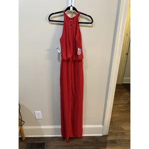 NEW XSCAPE Red RUFFLE‎ CHIFFON Gold Metal NECKLINE Halter EVENING Dress GOWN 4 thumbnail 4