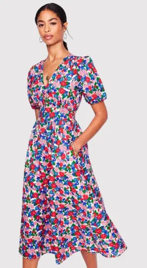 NEW Boden Midi Dress Pink Lillian Cotton Floral V Neck Puff Sleeve Boho US 10 thumbnail 1