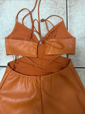 Brooklyn Karma Spaghetti-Strap Cutout Mini Dress in Rust Orange thumbnail 6