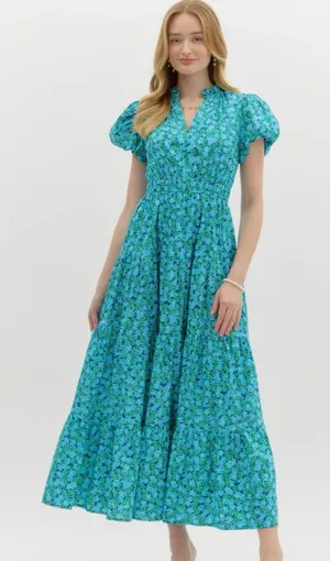 Entro Blue Floral Puff-Sleeve Maxi Dress thumbnail 1