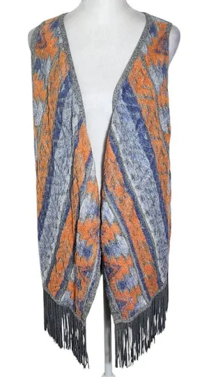 INC International Concepts Gray and Orange Aztec Vest with Fringe Size Medium thumbnail 1