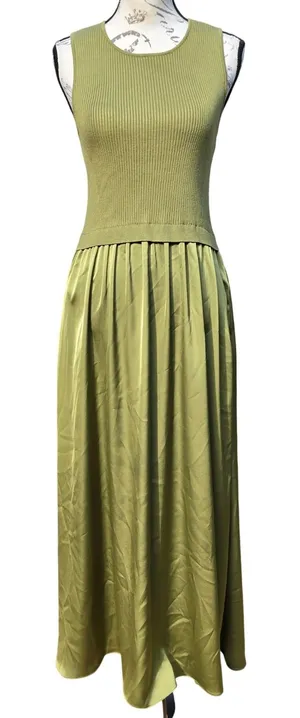 Taylor Mixed Media Knit to Satin Maxi Dress Olive Green Sleeveless Size M thumbnail 1