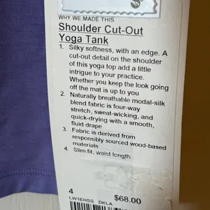 Lululemon Shoulder Cut-Out Yoga Tank, NWT, Sz 4 Color: DKLA (Dark Lavender). thumbnail 3