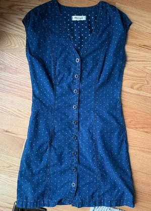 Madewell Indigo Denim Cap Sleeve Button-Down Dress, Embroidered Hearts, Size 2 thumbnail 1