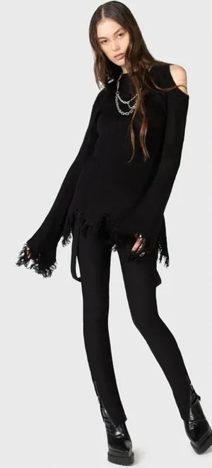 Killstar Cold Shoulder Distressed Knit Sweater Black XXL Whimsigoth Goth thumbnail 1