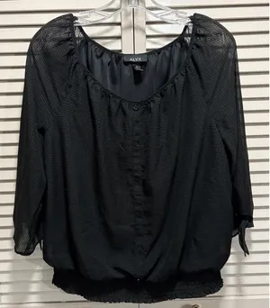 ALYX Black Chiffon Lined Blouse Size L Smocked 3/4 Wide Sleeves Faux‎ Buttons thumbnail 1