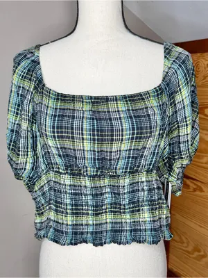 BP Plaid Square Neck Smocked Crop Top Blouse 1X Green Blue Black NWT Plus Size thumbnail 1