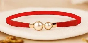 Red & gold pearl‎ belt Imitation Pearl Pair Buckle Thin Belt Monochrome Elastic thumbnail 1