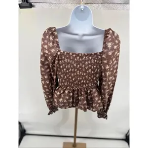 Dizzy Lizzy Smocked Peplum Floral Blouse XS Brown Boho Cottagecore Puff Sleeve thumbnail 6