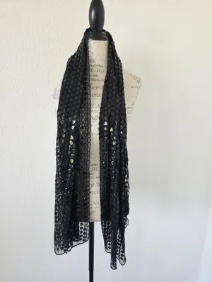 Glam Black Sequin Sheer Mesh Wrap Shawl Scarf – Floral Circle Embellished Formal thumbnail 2
