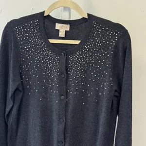 Loft Outlet Gray Rhinestone Embellished Cotton Cardigan Sweater Medium Holiday thumbnail 3