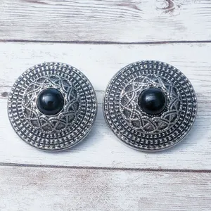 Vintage Clip On Earrings Statement Large Ornate Silver Tone with Black Center thumbnail 2