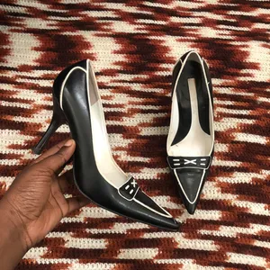 Vintage Y2K Office Siren Sporty Vixen Goth Black white kitten high heels pumps pointed toe-7.5M thumbnail 4