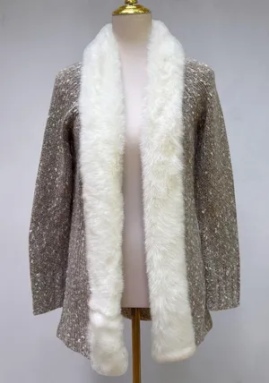Donna Salyers Fabulous-Furs Cardigan S Tan Cream Faux Fur Trim Mob Wife Textures thumbnail 1