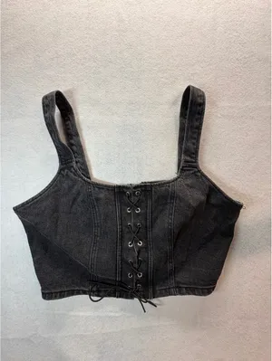 Wild Fable Women’s Large Black Denim Corset Crop Top Lace Up Y2K Grunge thumbnail 3