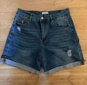 Luvamia Women's Dark Wash Distressed Denim Shorts thumbnail 1