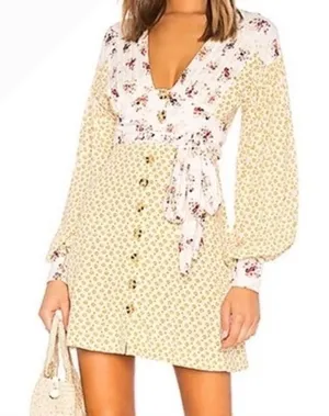 Free People‎ Wonderland Floral Mini Dress Women XS Yellow Boho Sash Cottagecore thumbnail 1