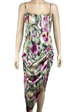 Cider Dress Size Medium Illusion Ruched‎ Midi Satin Floral thumbnail 2