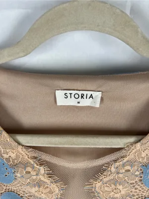 Storia Blue & Beige Floral Lace Illusion Mini Dress Size M thumbnail 3