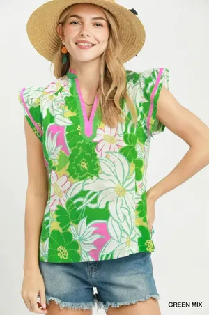 Umgee‎ Bold Floral Flutter Sleeve Top - Green Mix - Medium thumbnail 1