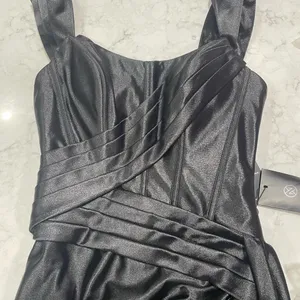 NWT NOX ANABEL E1043 Corset Satin‎ Slit Gown in Black Sz 2 $199 thumbnail 3