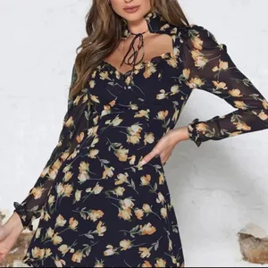 Women's Floral Print Heart Neck Long Sleeve Cocktail Party Mini Dress Size XL thumbnail 2
