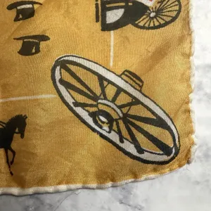 Horse Carriage Yellow Rolled Edges Hand Stitched 17" Square Scarf, 1950s, MCM thumbnail 5