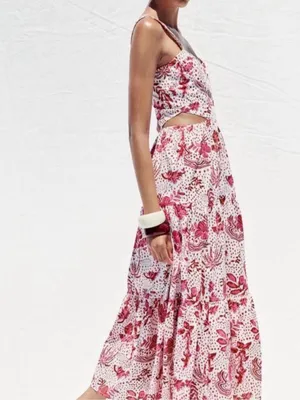 Zara Pink White Cut Out Floral Tiered Skirt Beaded Boho Cottagecore Maxi Dress M thumbnail 8