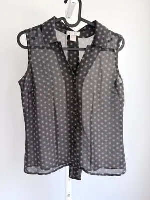 Old Navy Vintage Sheer Gray Polka Dot Tie Neck Sleeveless Blouse Pussybow XS thumbnail 2
