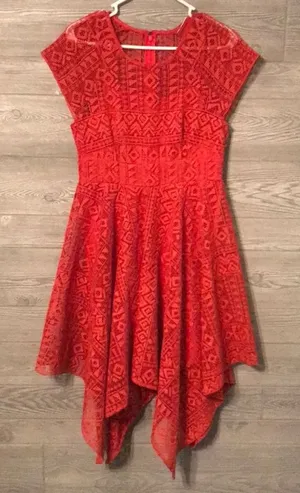 Maeve Anthropologie Red‎ Lace Overlay Asymmetrical Hem Dress Size 2 thumbnail 1