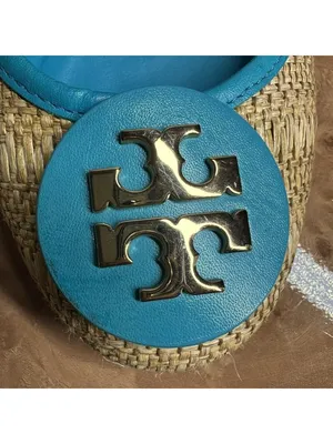 Tory Burch Reva Raffia Ballet Flats Blue Leather Trim Gold Logo Size 7M thumbnail 2
