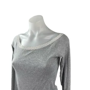 Brandy Melville Women's Gray Floral Lace Trim Knit Long Sleeve Blouse Top Size S thumbnail 2