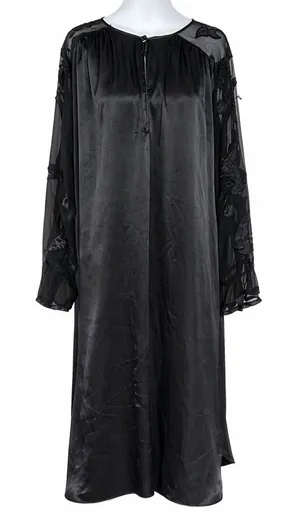 Vtg Natori Black Satin‎ Lounger Gown Sheer Floral Lace Sleeves Small S7207G 90s thumbnail 1