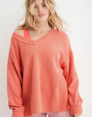 Aerie Coral V-Neck Sweater thumbnail 1