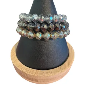 Set of 3 Glass Faceted Bead Bracelets Clear Smoky Stack Classic Sitting at 6.5" thumbnail 1