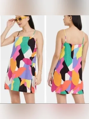 A New Day Linen-Blend Dress Womens L .Colorful Abstract Mini Shift Mod Artsy thumbnail 2