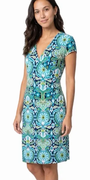 JONES MEW YORK Greens/Black Abstract Floral Faux-Wrap Short Sleeve Dress Small thumbnail 1